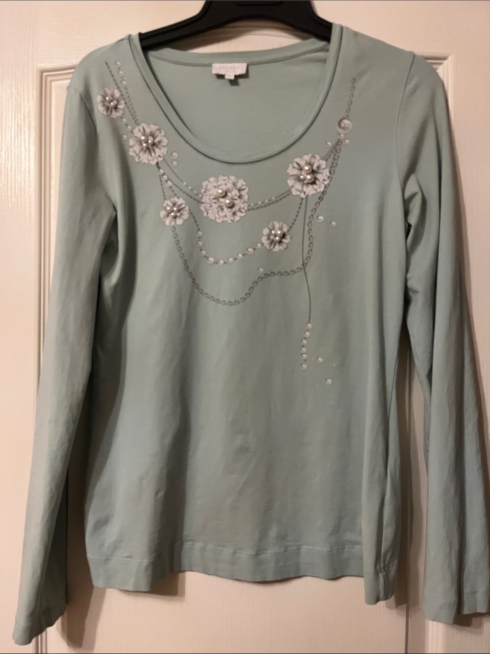 Escada Pale Aqua Long-Sleeve Tee with Floral Bead Detail